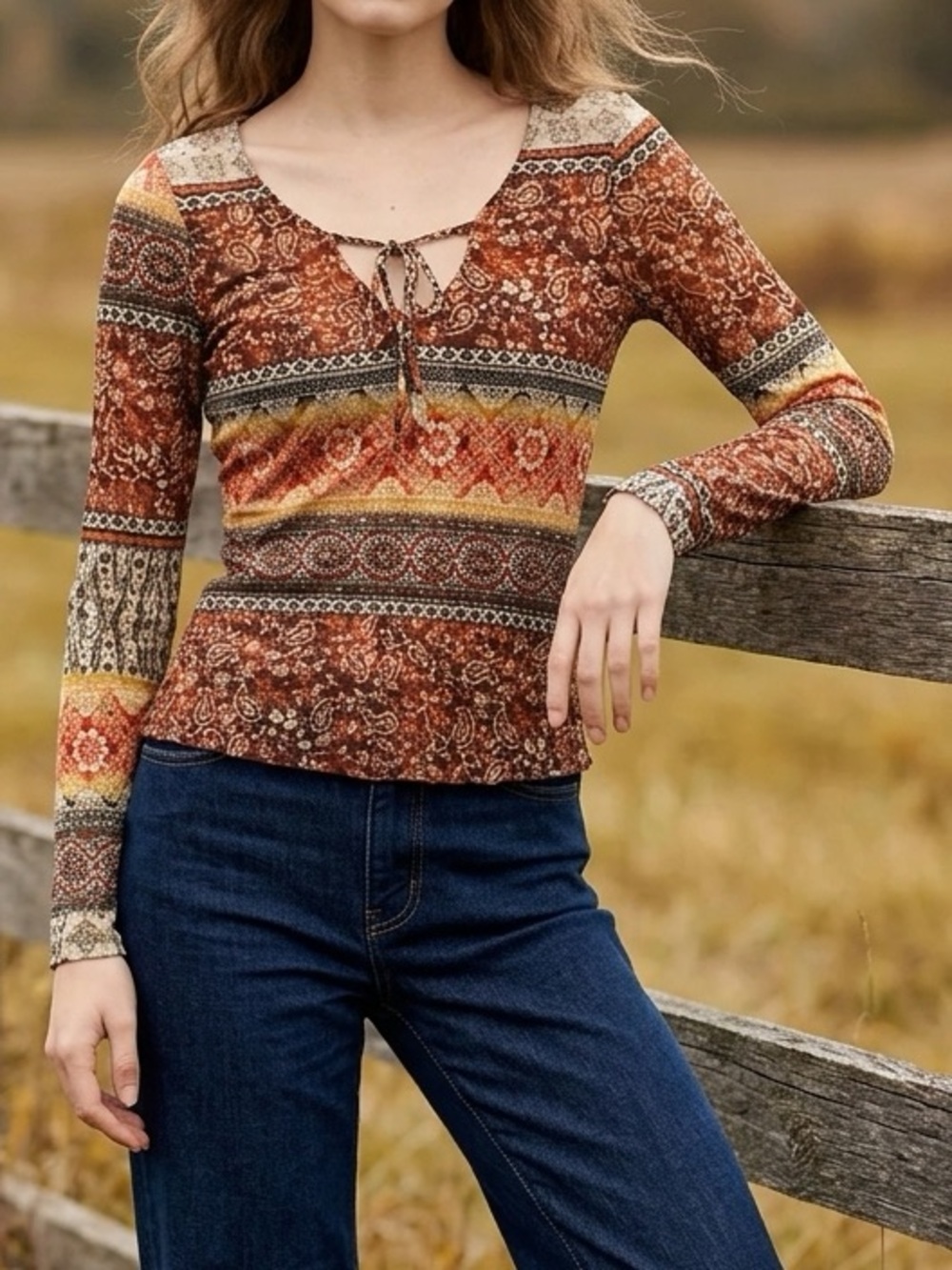 Vintage Rust Multi Tie-Neck Long Sleeve Top